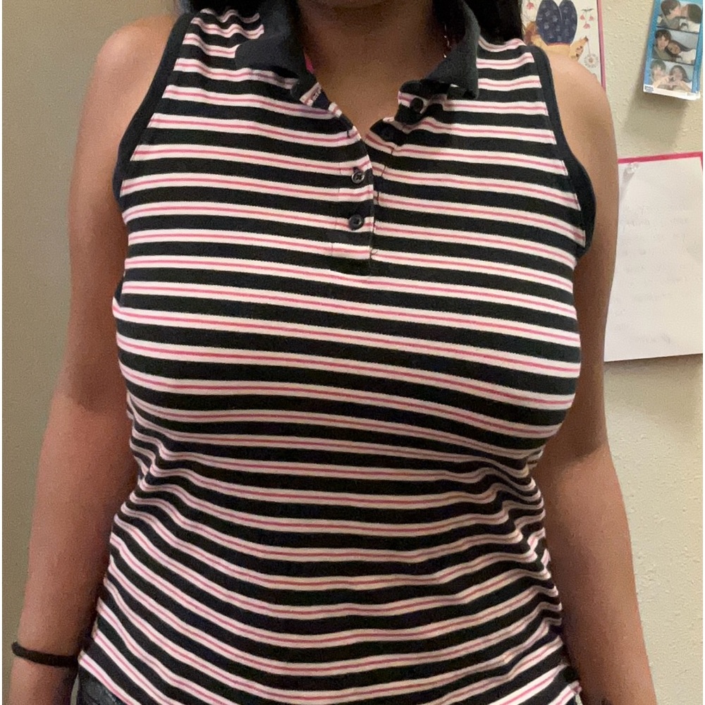 Pink and black striped polo